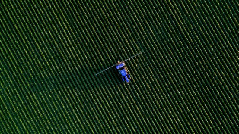 Vista de pájaro de un cultivo al aire libre con un tractor en el centro, sistema agroalimentario mundial