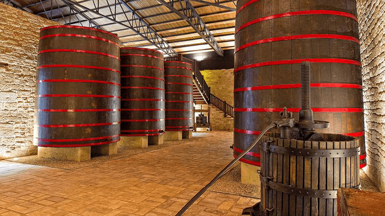 Cubas de vino en una bodega 