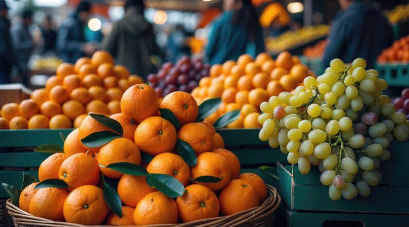 Fruta fresca en el expositor de un mercado.