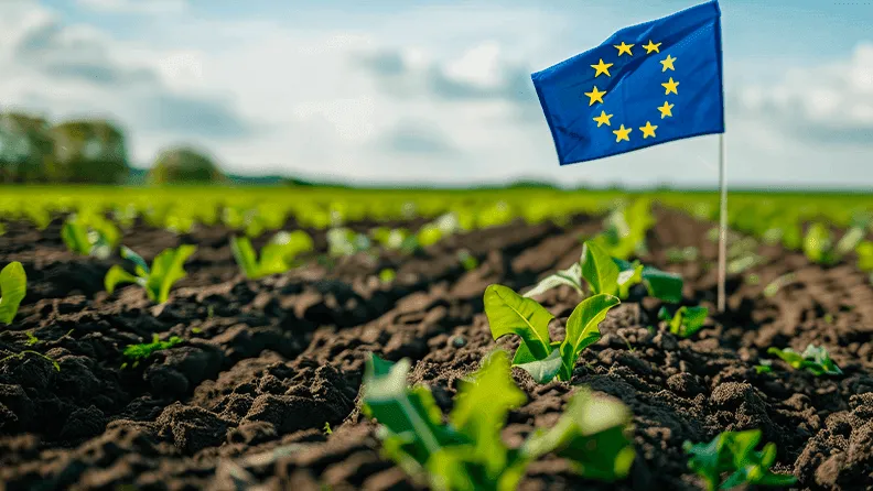 Campo de cultivo con la bandera de la UE